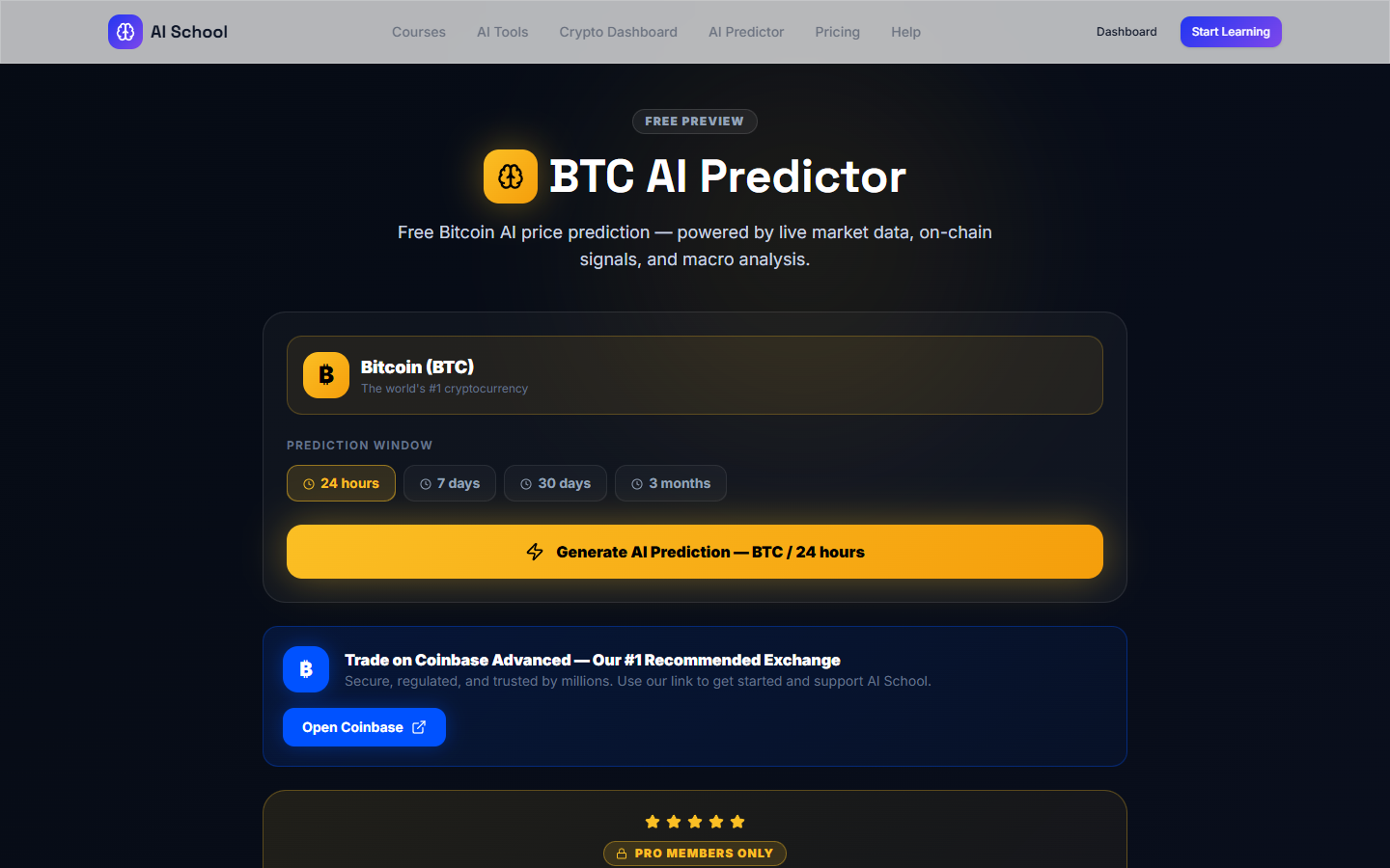 BTC AI Predictor interface showing Bitcoin price prediction tool with 24h, 7d, 30d, and 3-month windows, dark mode dashboard